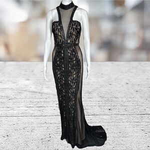 Jasz Couture Black High Neck Sleeveless Beaded Full Length Gown